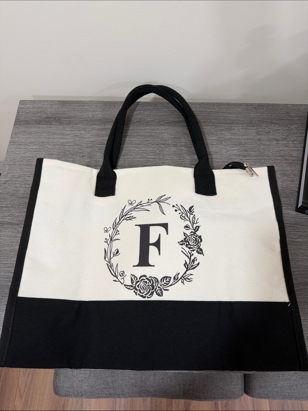 Canvas Monogram Tote in Black & White - F Initial